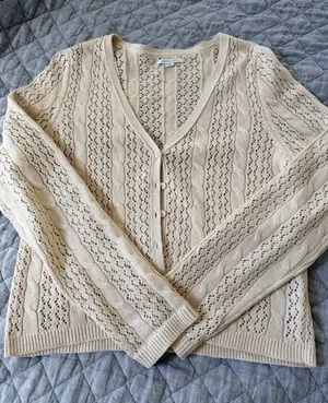 American Eagle Outfitters Cream Openwork V-Neck Cardigan thumbnail 1