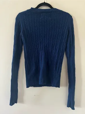 Vintage Y2K American Eagle Cable Knit Ribbed V Neck Sweater Small Blue Preppy thumbnail 5