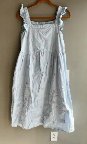 Light Blue Women’s Ruffle-Sleeve Dress with Pink Bow Embroidery Cotton Summer M thumbnail 1