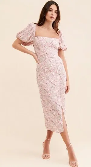 Astr The Label Puff Sleeve Front Slit Midi Dress In Pink‎ Multi Ditsy Size Large thumbnail 1