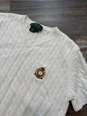 Lauren Ralph Lauren White Cable-Knit Short Sleeve V Neck Sweater Large thumbnail 3