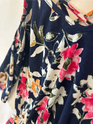 Pink Lily Navy Floral Cold-Shoulder Romper with Crisscross Straps thumbnail 3