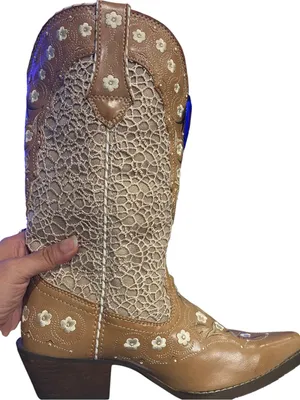 Durango cowboy boots tan leather white lace-like shaft floral thumbnail 4