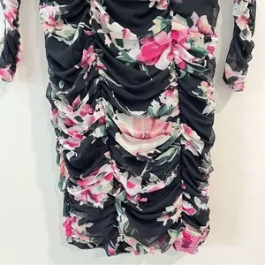 Lulus Ayana Black Pink Floral Ruched Mesh‎ Bodycon Dress SMALL thumbnail 7