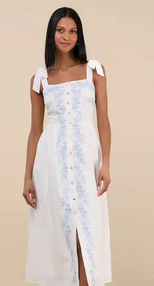 NWT Lulus Corinthia White Embroidered Button-Front Midi Dress Resort Cruise Sz M thumbnail 1