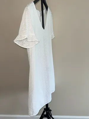 LOFT 100% Cotton White Eyelet V-Neck Dress thumbnail 4