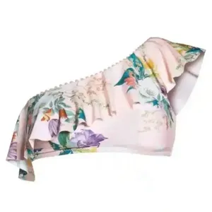 Seafolly Isabella Rose Floral One Shoulder Bikini Top Medium Pink Ruffle Pom Pom Trim NWT thumbnail 3