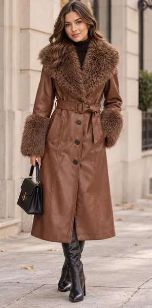 Avec Les Filles Brown Faux Leather Fur Trim Belted Maxi Coat XS Y2K Glam Luxe $258 thumbnail 1