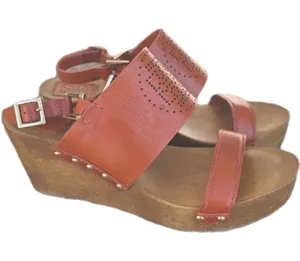 Tory Burch Womens Orange Gold Leather Wooden Wedge Sandals Size 9 Boho Preppy thumbnail 1