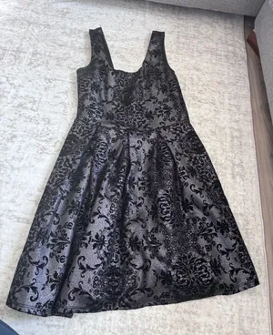 Soprano Womens Metallic Silver Black Damask Velvet Fit Flare‎ Cocktail Dress M thumbnail 1
