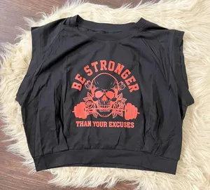 Black cotton "Be Stronger Than Your Excuses" Graphic Muscle Tee Crop Top L thumbnail 1