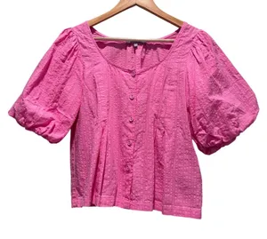 Oliver Bonas Puff Sleeve‎ Pink Blouse Size US 2 100% Cotton Preppy Barbie thumbnail 1