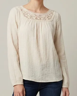 Sugar Rain Crochet Yoke Boho Blouse Cream Size Medium thumbnail 1
