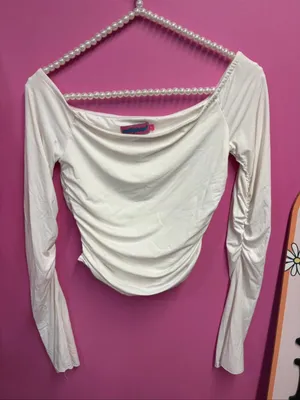 Edikted Off-Shoulder Long Sleeve Ruched Top in White thumbnail 1
