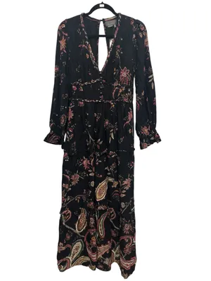 Anthropologie Black Paisley Boho Maxi Dress Floral Tiered thumbnail 2