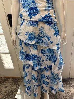Selfie Leslie One-Shoulder Yellow Dress with Blue Floral Print Size Medium A1 thumbnail 6