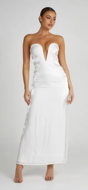 NWT Meshki White Chantelle Strapless Plunge Satin midi dress thumbnail 1