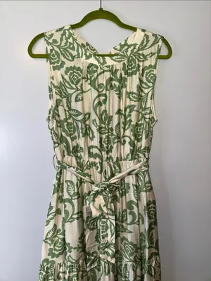 Sleeveless Cream Maxi Dress with Green Floral Print and Waist Tie thumbnail 3