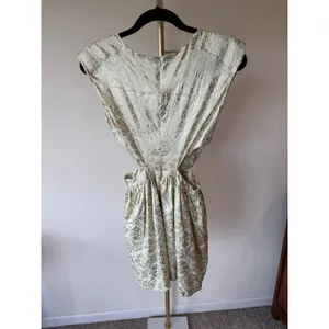 Mustard Seed Mini Dress Womens Beige Paisley Pleated Side Open V Neck Back Zip thumbnail 2
