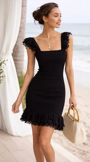 NWT Peixoto Belle Black Smocked Lace Mini Dress Anthropologie M thumbnail 1