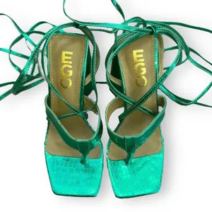 EGO Salma Teal Green Metallic Croc Pyramid Heel Tie Sandals Size 5 thumbnail 5