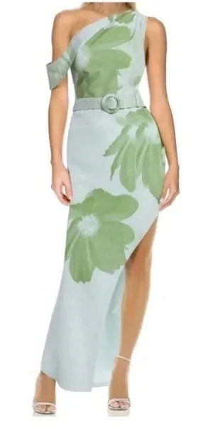 Jewel Badgley Mischka New One Shoulder Floral Belted Maxi Column Dress Size 2 thumbnail 1