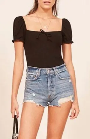 Reformation Dixie High Rise‎ Denim Shorts Medium Wash Distressed Cutoffs Size 26 thumbnail 1