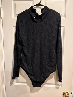 Anthropologie Daily Practice mock neck lace bodysuit top black sz M thumbnail 2