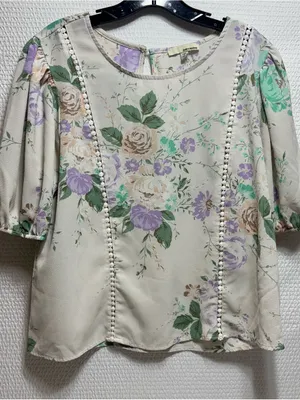 Floral Puff Sleeve Blouse - Cream with Lavender & Green thumbnail 1