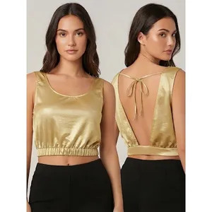 Double Zero Gold Metallic Open Back Tie Crop Top Sleeveless Blouson Lrg Holiday thumbnail 2