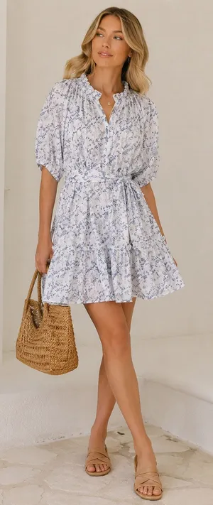 Cleobella Nevah Floral Mini Dress White Blue Puff Sleeve Tie Belt Cotton Size M thumbnail 1