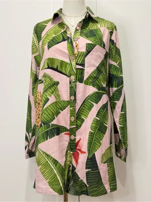 Farm Rio Pink Banana Leaves Linen Jumpsuit Small Long Sleeve Tropical Vacay Chic thumbnail 7