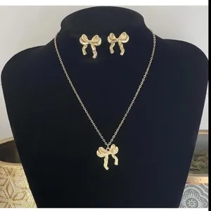 Gold Plated Bow Necklace SET Coquette Earrings Womens Jewelry thumbnail 6