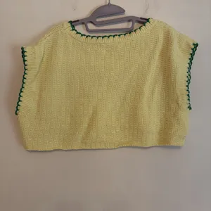Idem Ditto M/L Cropped Knit Sweater Tank Top Yellow Green Scalloped Oversized‎ thumbnail 3