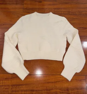 Cream Crew Neck Knitted Sweater with Bell Sleeves thumbnail 2