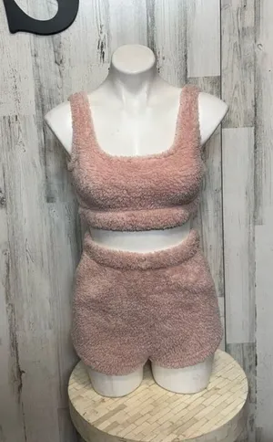 Blush Pink Fuzzy Two Piece Lounge Set Small | Cozy Sherpa Crop Top & Shorts Set thumbnail 1