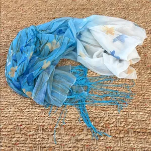 Floral Blue and White Scarf with Fringe thumbnail 5