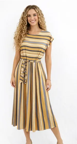 orange creek Mustard and Gray Striped Tie-Waist Midi Dress thumbnail 1