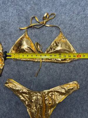 3 Piece Swimsuit Metallic Halter Triangle Bikini Set with Cover Up Beach Skirt thumbnail 8