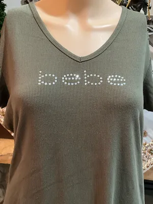 Khaki green Bebe rhinestone top with V-neck  thumbnail 2