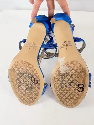 Belle Badgley Mischka Cobalt Blue Beaded Satin T-Strap Heels‎ Size 7 thumbnail 9