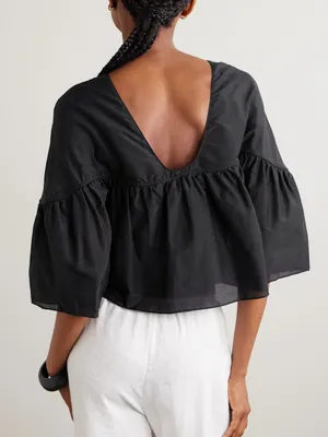 Matteau bohemian gathered yoke long sleeve organic cotton silk black blouse US 4 thumbnail 2