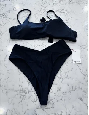 NWT Quince Black Italian Scoop Neck Bikini Top & V Cut High Leg Bottom Set XL thumbnail 1