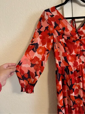 Sincerely Jules Floral Tiered Midi Dress Long Sleeve Chiffon Red Pink Navy Sz M thumbnail 3