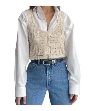 Crochet Knit Cropped Sleeveless Sweater Cardigan in white size M thumbnail 1