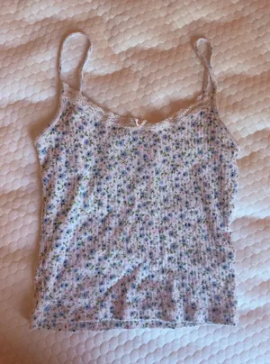 Floral Lace-Trim Ribbed Tank Top - White with Blue Floral thumbnail 1