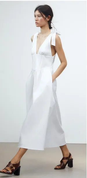 Zara White Poplin Tie Strap Midi Dress Large Milkmaid Corset Drop Waist 0881/334 thumbnail 1