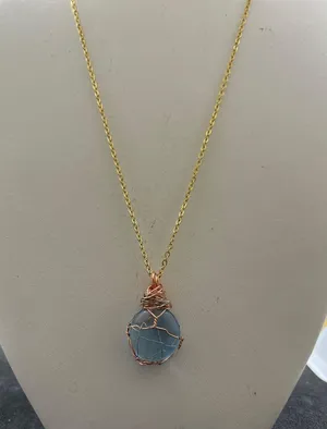 Handmade Ocean Blue glass wired gold chain necklace thumbnail 1