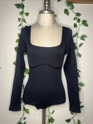 VS PINK Black Ribbed Long Sleeve One Piece Thong Bodysuit Stretchy Slimming thumbnail 1
