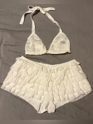 Iheartraves Medium White Lace Triangle Top & Amazon Ruffle Shorts Small White thumbnail 1